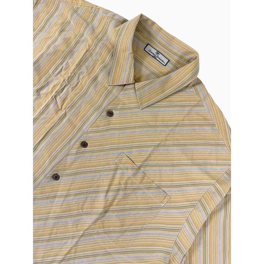 Tommy Bahama Men's XXL Yellow Striped Silk Blend Button Front Camp Shirt Casual